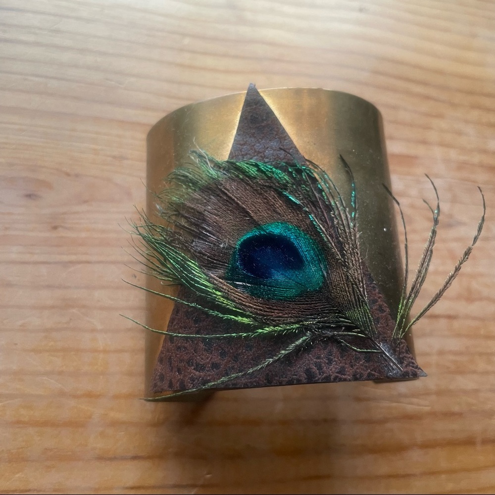 Brass peacock feather cuff bangle bracelet
